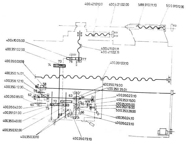 SN-402, SN-502 Схема кінематична фартуха та задньої бабки токарно-гвинторізного верстата